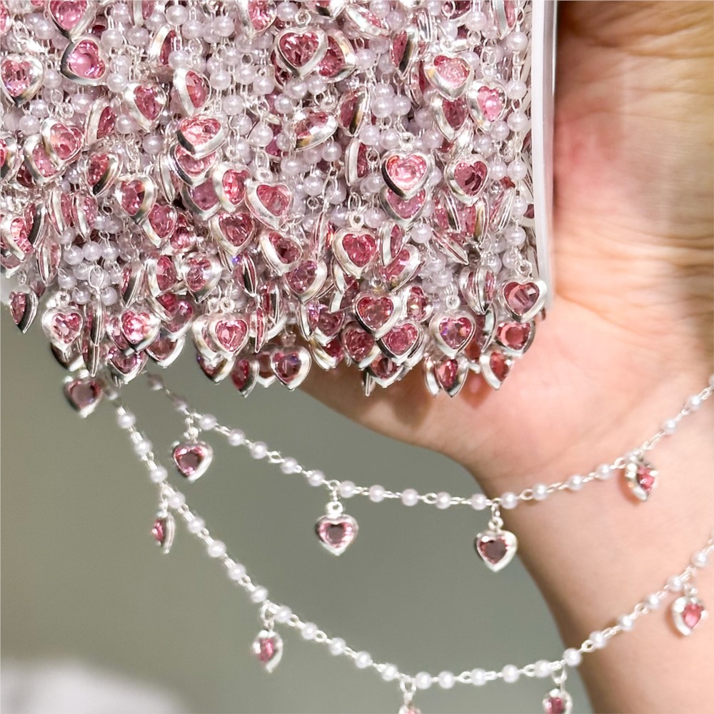 Crystal Choker Necklace - 0.5Meter/1Meter Pink Crystal Heart Brass Chain